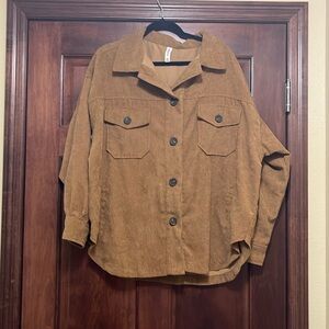 Zenana Oversized Long Sleeve Corduroy Button Front Shacket in Brown XL